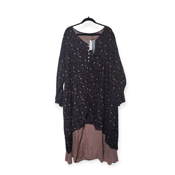 Lagenlook Black Floral Layered Maxi Dress Womens Plus 4XL New- Long Sleeve Boho - Picture 3 of 9